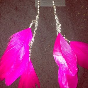 Fuchsia Silver Feather Chandelier Earrings